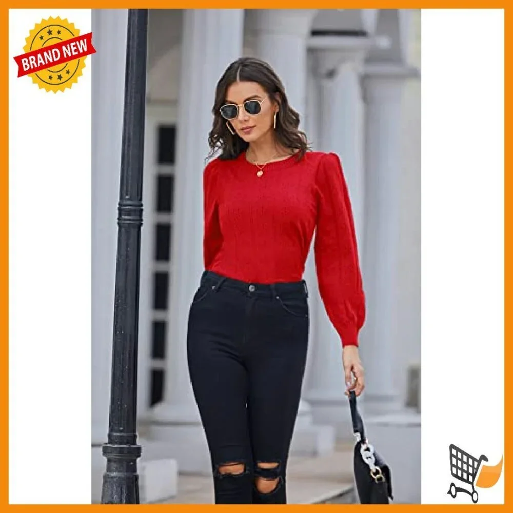 Long Lantern Sleeve Crochet Pullover Sweater Hollow Out Knit Top